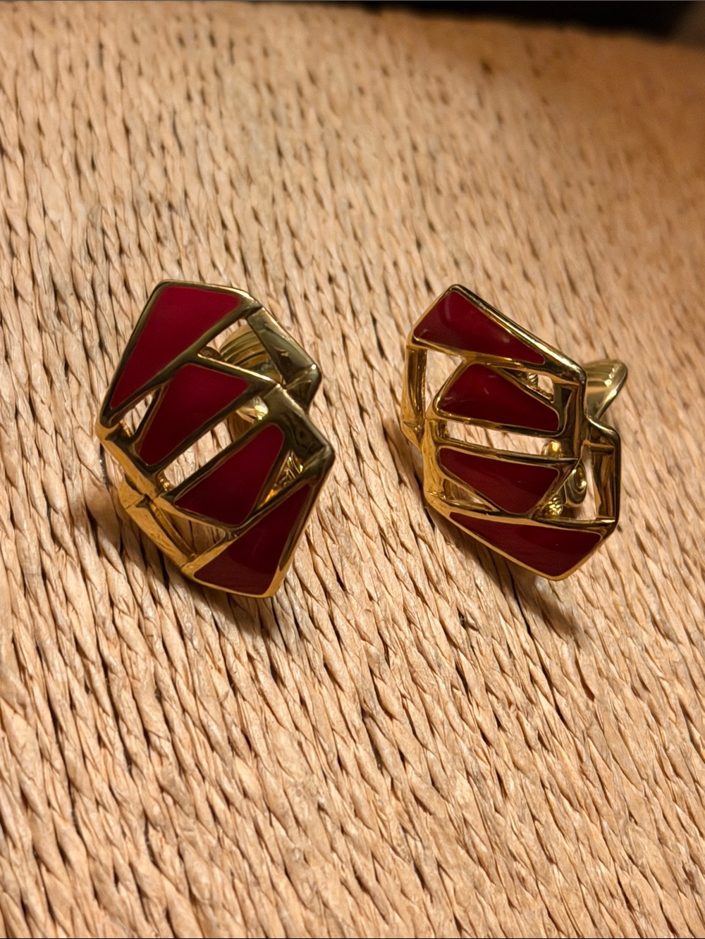 Gold-Tone Clip Earrings with Red Enamel Inset vintage